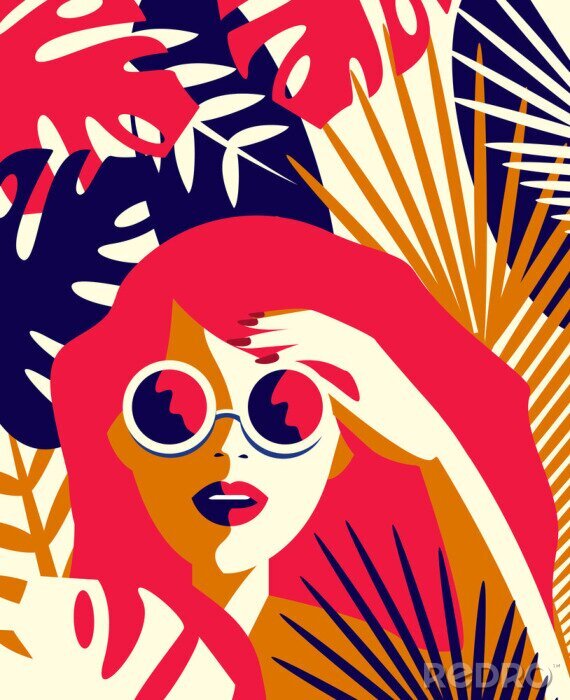 Poster Mädchen in tropischen Blättern