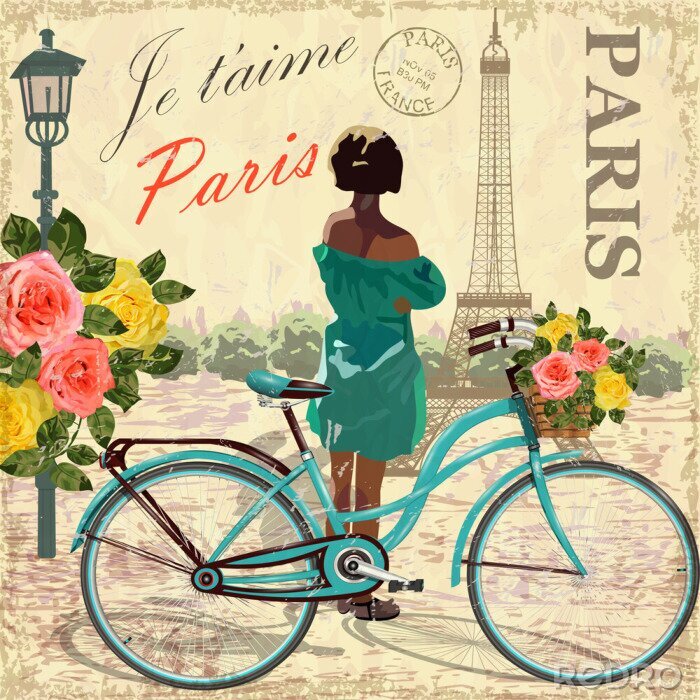 Poster Mädchen mit Fahrrad auf Pariser Illustration