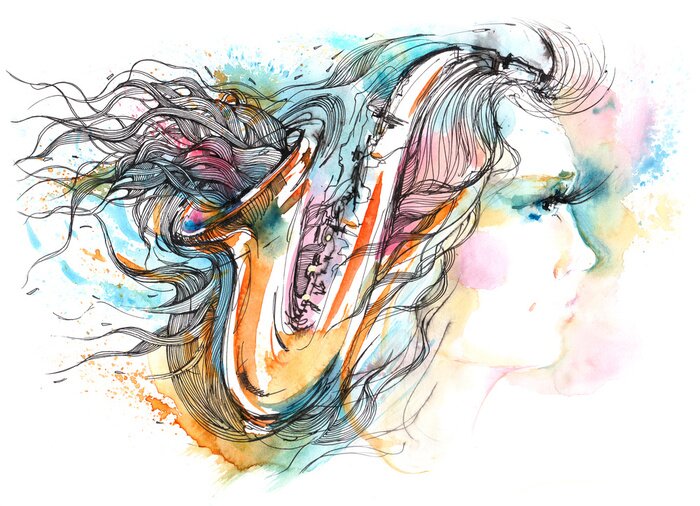 Poster Mädchen mit Instrument Saxophon im Haar