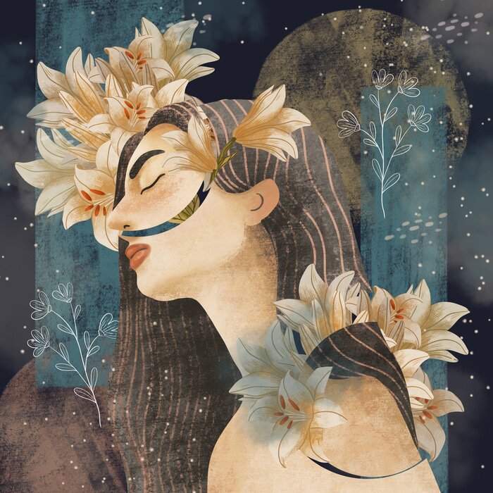 Poster Mädchen mit Lilien im Haar