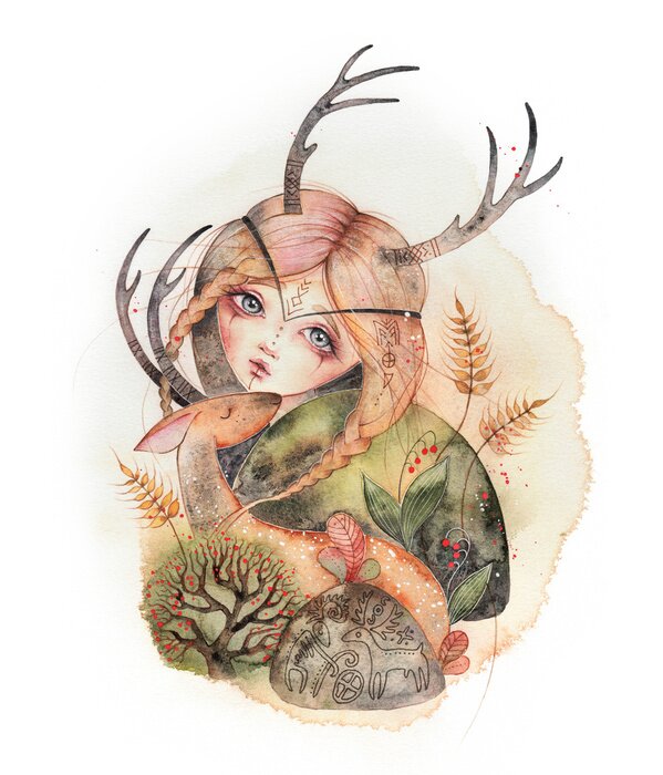 Poster Mädchen und Rentier Fantasy-Märchen