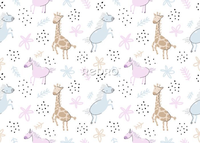 Poster Märchenhafte Einhörner und Giraffen