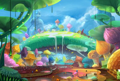 Poster Märchenhafte Landschaft und bunte Pilze