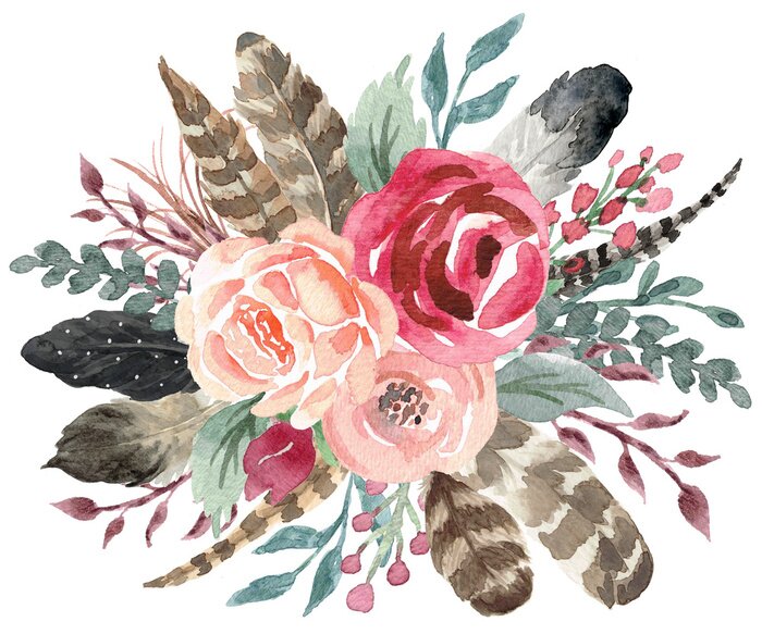 Poster Märchenhafte Pfingstrosen umgeben von Blättern und Federn