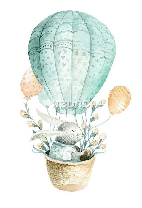 Poster Märchenhafter Hase im Heißluftballon