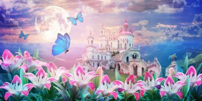 Poster Märchenhaftes Schloss mit blauen Schmetterlingen und Lilien