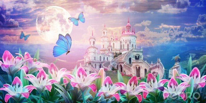 Poster Märchenhaftes Schloss mit blauen Schmetterlingen und Lilien