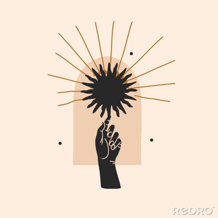Poster Magische Illustration mit Hand, die auf die Sonne zeigt