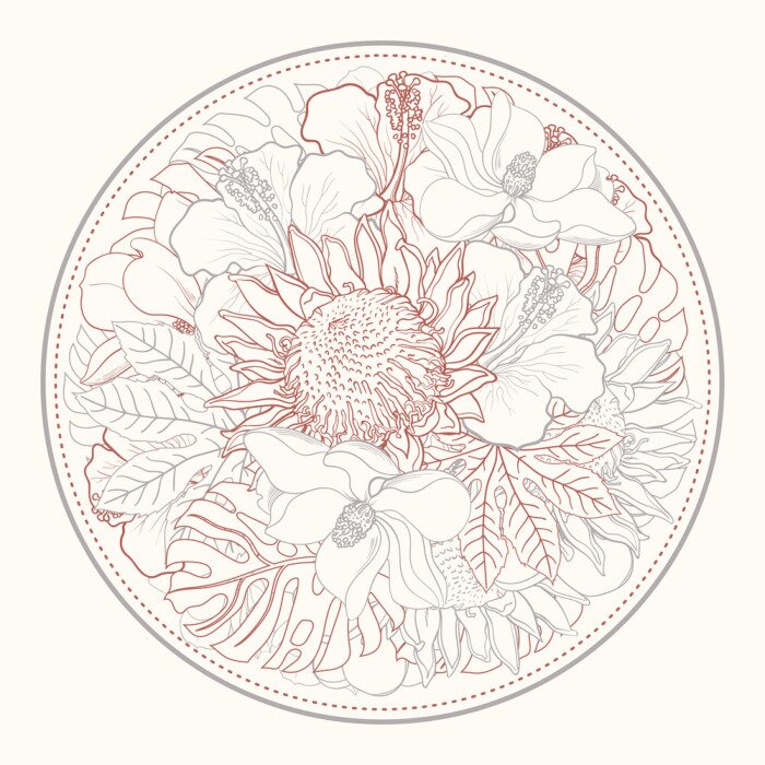 Poster Magnolien und tropische Pflanzen bunt umrissen