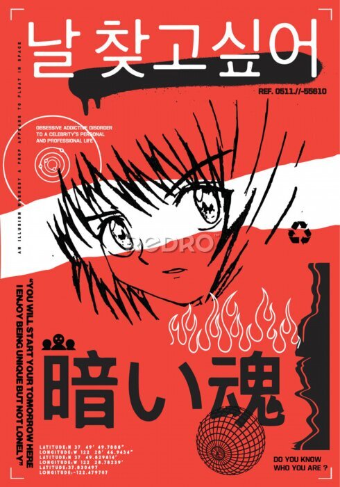 Poster Manga und japanische Schriftzeichen in leuchtenden Farben