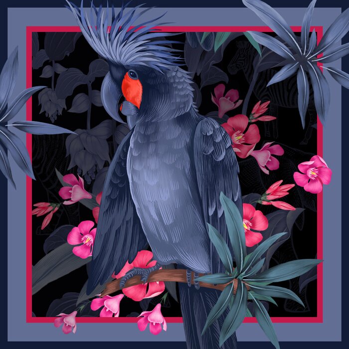 Poster Marineblauer Papagei und rosa Blüten