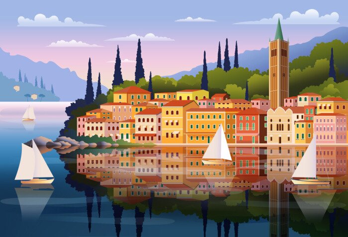 Poster Mediterrane romantische Landschaft.  Handgemachte Zeichnung Vektor-Illustration.  Kann für Poster, Banner, Postkarten, Bücher usw. verwendet werden.