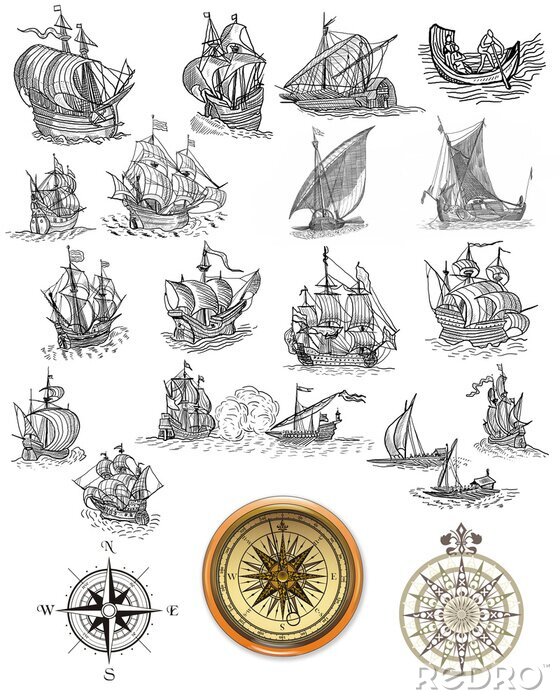 Poster Meer und Skizzen von verschiedenen Schiffen