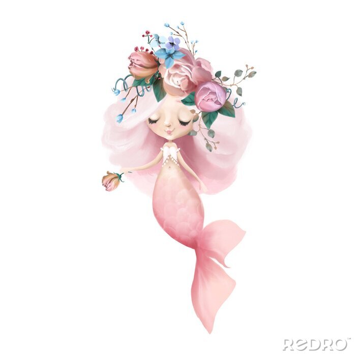 Poster Meerjungfrau mit rosa Schwanz und Rose in der Hand