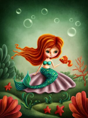 Meerjungfrau mit rotem Haar und grünem Schwanz und Goldfisch