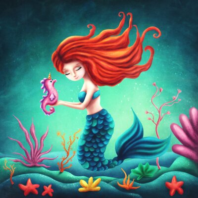 Poster Meerjungfrau mit roten Haaren und einem Seepferdchen