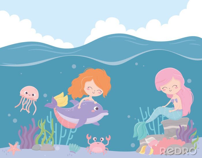 Poster Meerjungfrauen spielen unter den Wellen