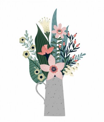Poster Mehrfarbige Blumen und große Blätter in einer Vase