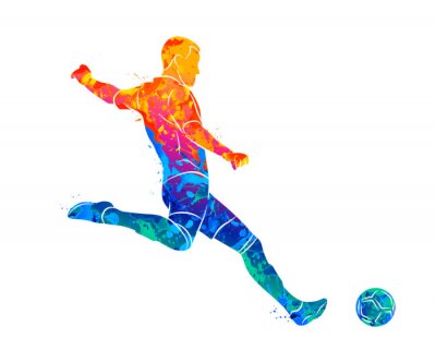 Mehrfarbige Illustration eines Fußballspielers, der den Ball kickt
