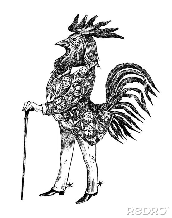 Poster Menschliche Figur mit Kopf eines Hahns Zeichnung