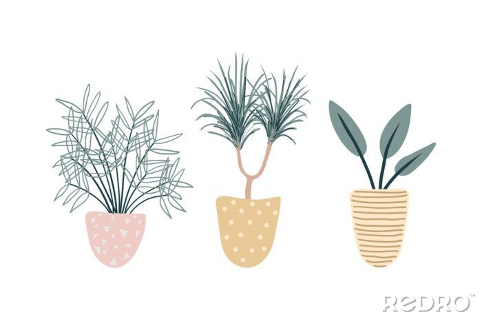 Poster Minimalistische Grafik der drei Pflanzen in den Töpfen
