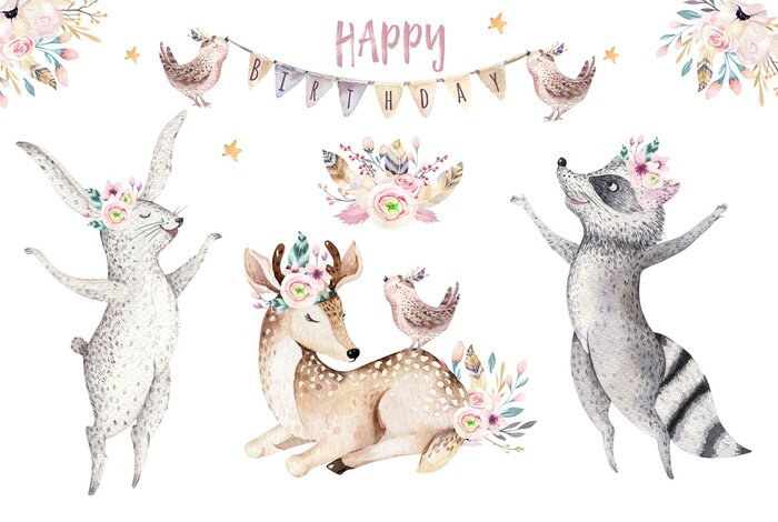 Poster Mit Blumen geschmückte Tiere, die einen Geburtstag feiern