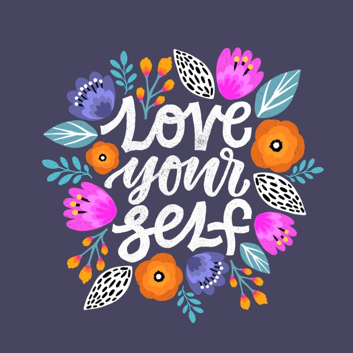 Poster Modern Brush Calligraphy, Love yourself Hand Lettering Quote.Woman motivational slogan. Inscription for t shirts, posters, cards. Floral digital sketch style design.