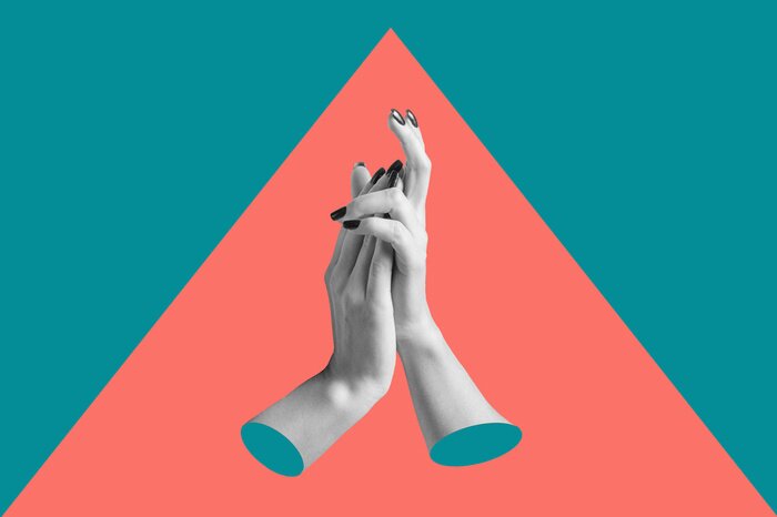 Poster Modern conceptual art poster with a hands in a massurrealism style. Contemporary art collage.