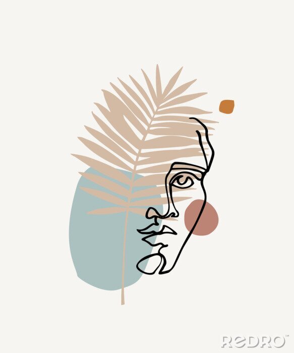 Poster Modern continuous line art of ancient greek goddess statue with geometric shapes, palm leaf