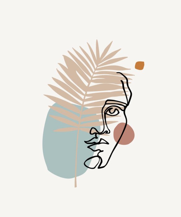 Poster Modern continuous line art of ancient greek goddess statue with geometric shapes, palm leaf