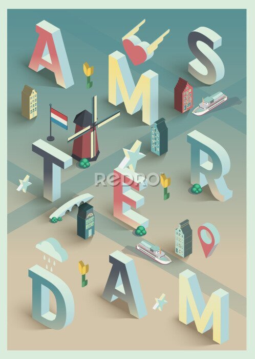 Poster Moderne Typografie 3D-Stadt Amsterdam