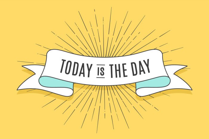 Poster Modisches Band der Weinlese mit Text heute ist der Tag und lineare Zeichnung von Sonnenstrahlen. Bunte alte Fahne mit Band, von Hand gezeichnetes Element für Design - Fahnen, Poster, Gutscheine. Vekto