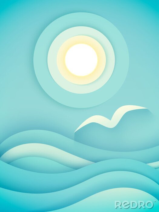 Poster Möwe fliegt über das Wasser zur Sonne Grafik