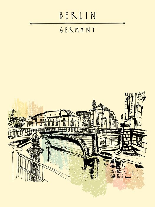 Poster Monbijou-Brücke in Berlin, Deutschland, Europa. Fluss Spree, Flussufer. Handzeichnung. Reise-Skizze. Vintage touristische Postkarte, Plakat, Buchillustration