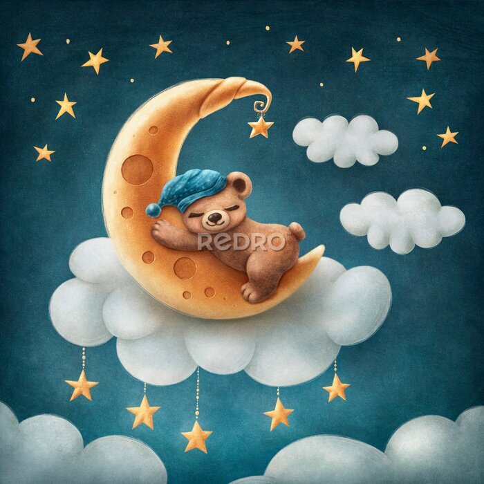 Poster Mond für Kinder mit einem schlafenden Teddybär