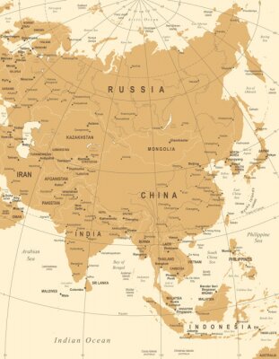 Monochromatische Karte von Asien in warmen Farben