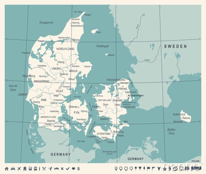 Poster Monochromatische Karte von Dänemark