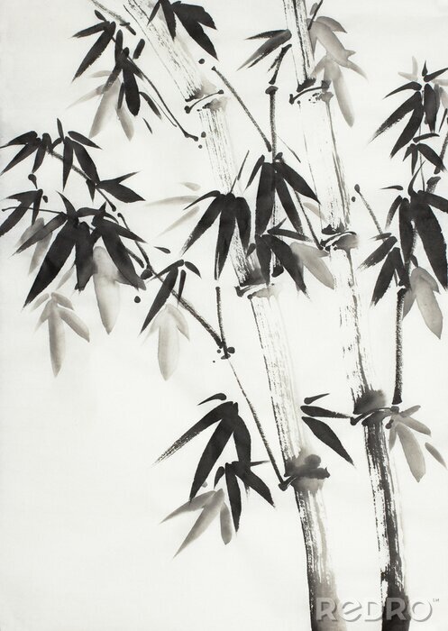 Poster Monochromatischer Bambus mit gemalten Blättern