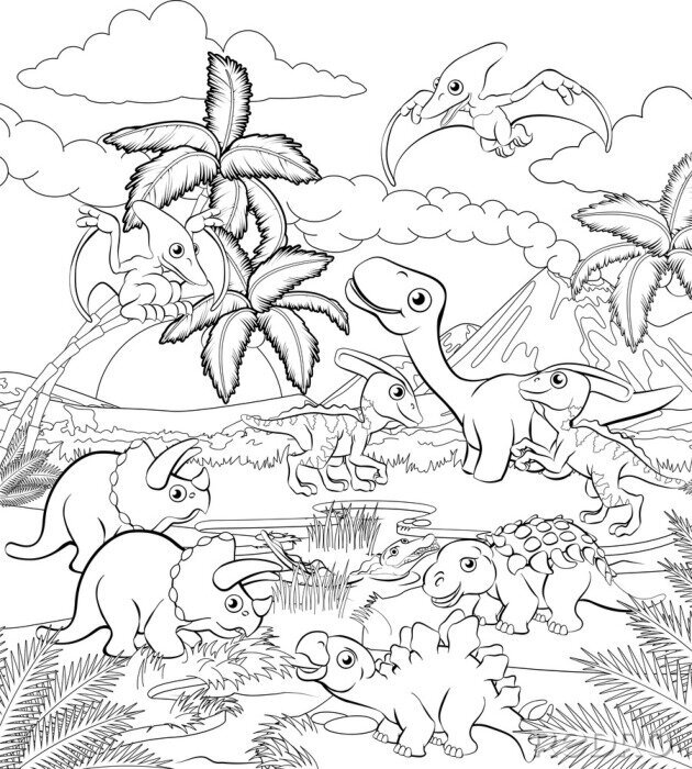 Poster Monochrome Grafik einer prähistorischen Landschaft mit Dinosauriern