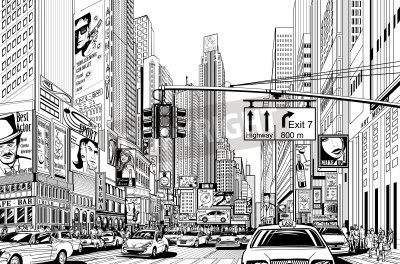 Poster Monochrome New Yorker Straße im Cartoon-Stil