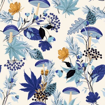 Monotine auf blauem Schatten nahtloses Muster des Herbstnachtgartens mit handgezeichnetem Blatt, Pilz, Blumen, Pinienkernen, Eiche im Waldmotivvektor