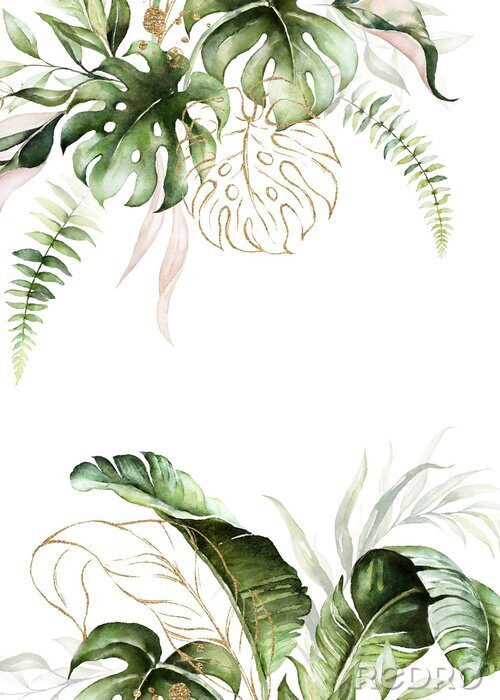 Poster Monstera-Blätter in Grün und Gold