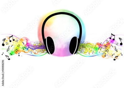 Poster Musikalische Noten und farbige Akzente um die Kopfhörer
