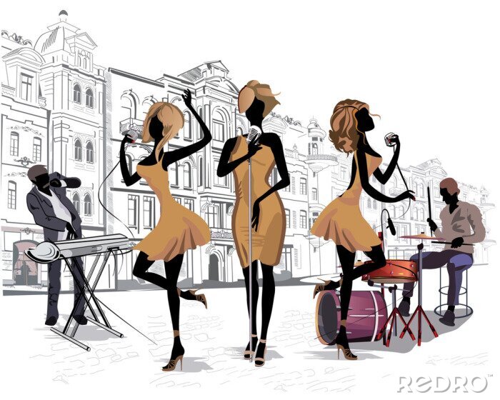 Poster Musikband spielt vor einer Kulisse von Mietshäusern