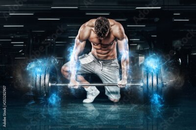 Poster Muskelöser Mann mit Gewichten im Fitnessstudio