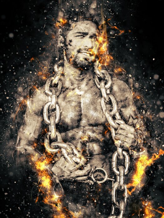 Poster Muskulöser Athlet mit Kette und Flammen