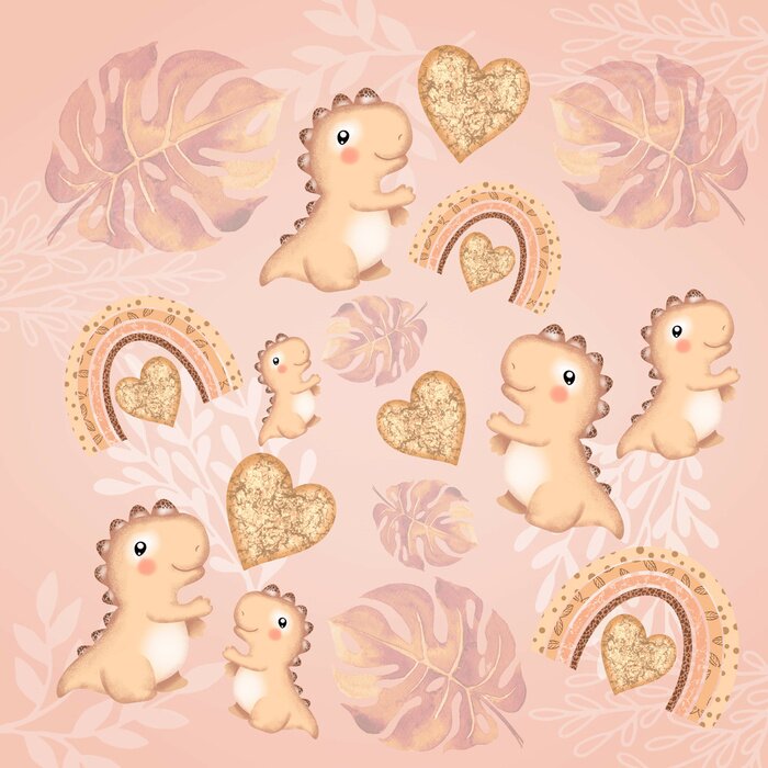 Poster Muster mit Dinosauriern inmitten von tropischen Blättern