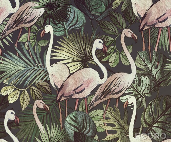 Poster Muster mit Flamingos und Pflanzen