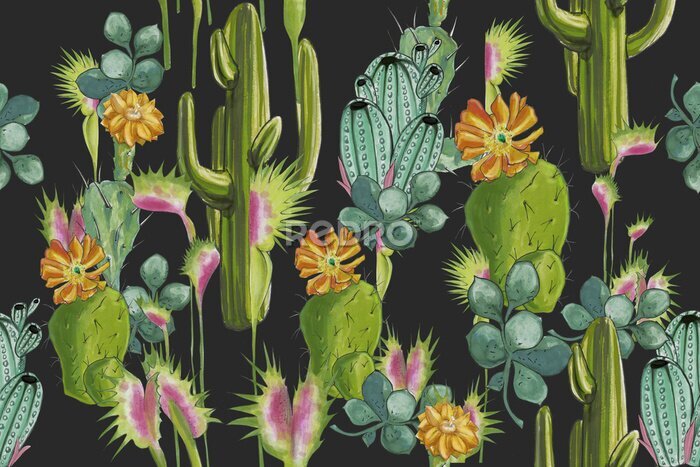 Poster Muster mit Kakteen auf schwarzem Hintergrund