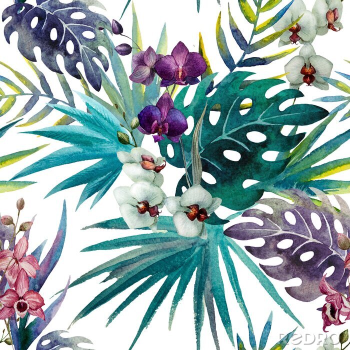 Poster Muster Orchidee Hibiskus Blätter Aquarell Tropen